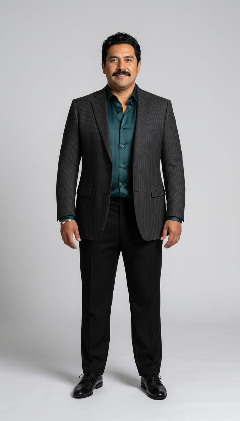 A man wearing a charcoal pinstripe wool blazer, deep teal silk blend button-down shirt, black wool crepe pleated trousers and black polished leather derby shoes — a men's old money outfit.