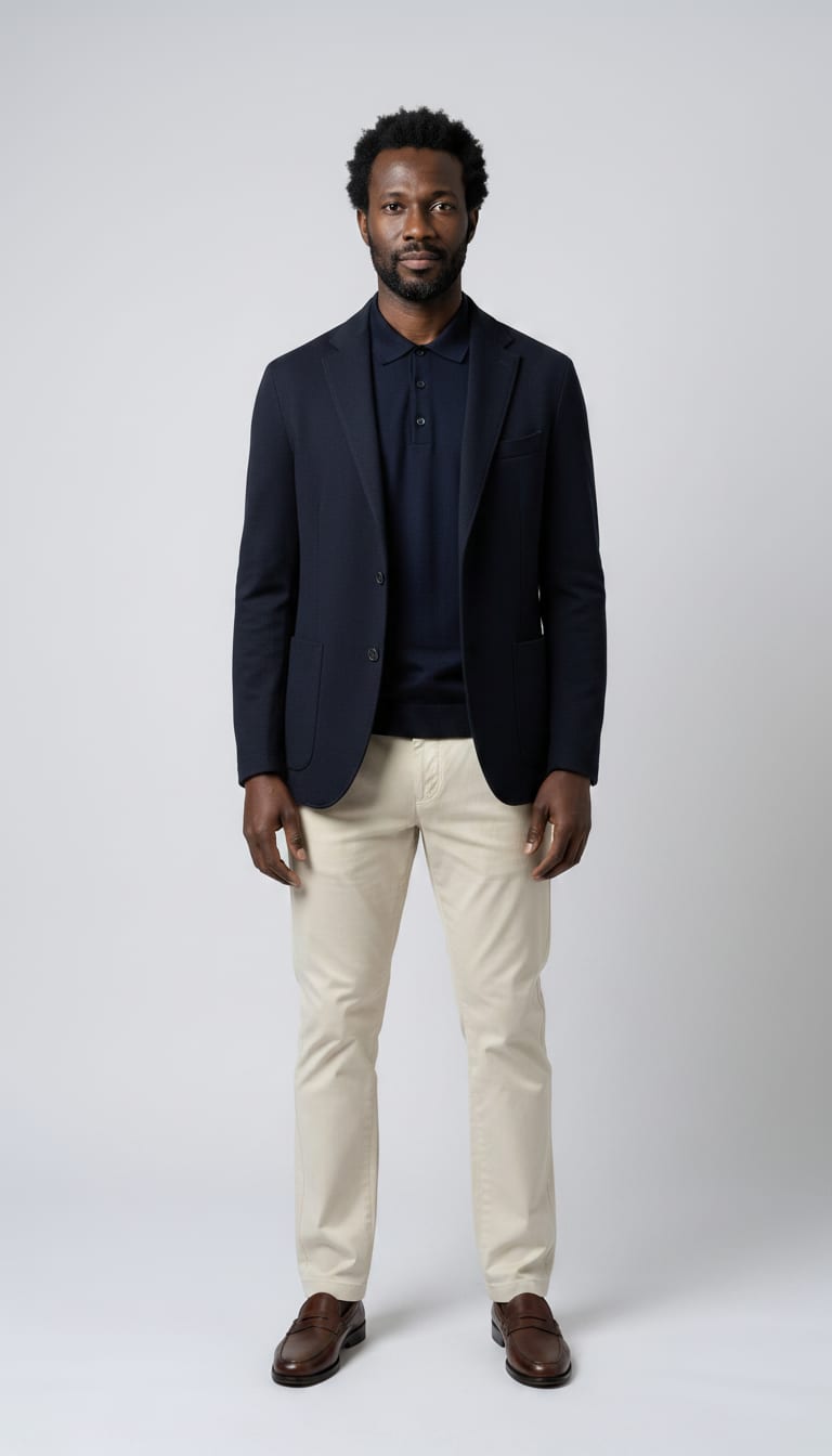 A man wearing a navy short-sleeve knit polo shirt, cream cotton-blend pleated chino trousers, navy unstructured blazer in a soft wool blend and dark brown leather penny loafers — a men's old money outfit.