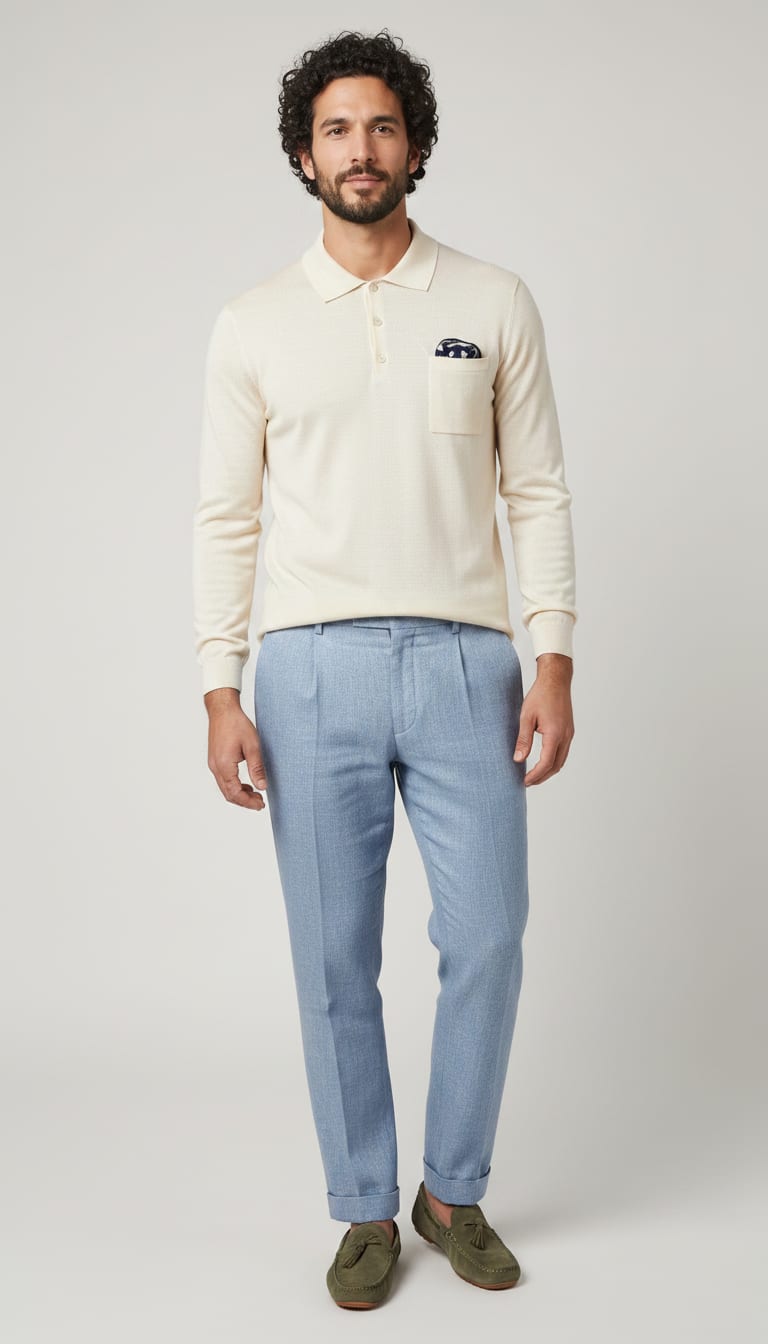 A man wearing a cream long-sleeve knit polo shirt in a silk blend, tailored light blue linen trousers, olive green suede driving loafers and navy and white patterned silk pocket square — a men's old money outfit.