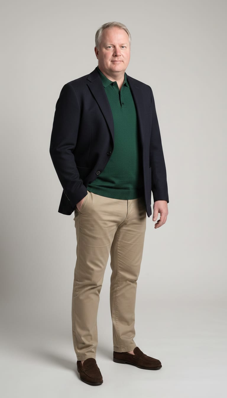 A man wearing a fine-gauge merino wool knit polo shirt in deep forest green, relaxed-fit pleated front cotton twill chinos in a stone beige, structured navy wool blend blazer and dark brown suede penny loafers — a men's old money outfit.