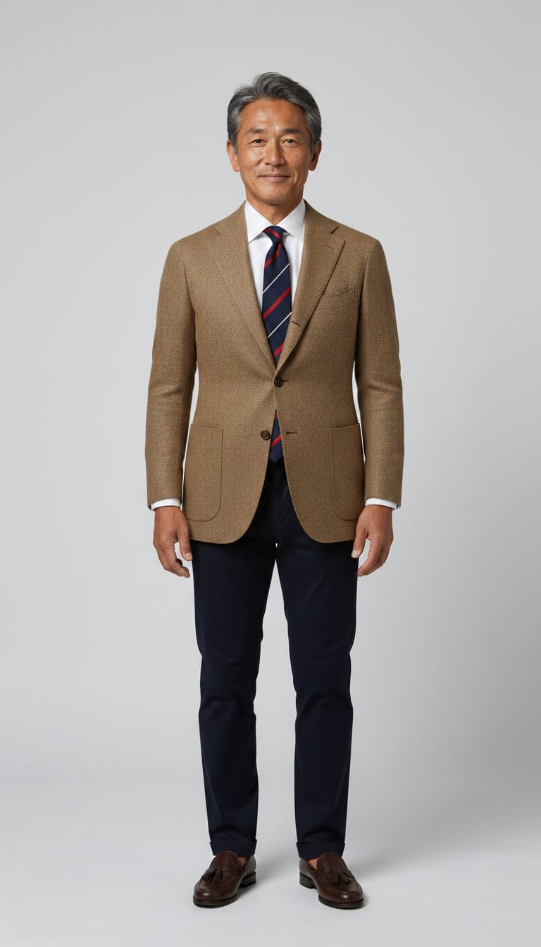 A man wearing a crisp white poplin dress shirt, camel brown tweed sport coat, dark navy cotton blend tailored chinos and navy and red repp stripe silk tie — a men's old money outfit.