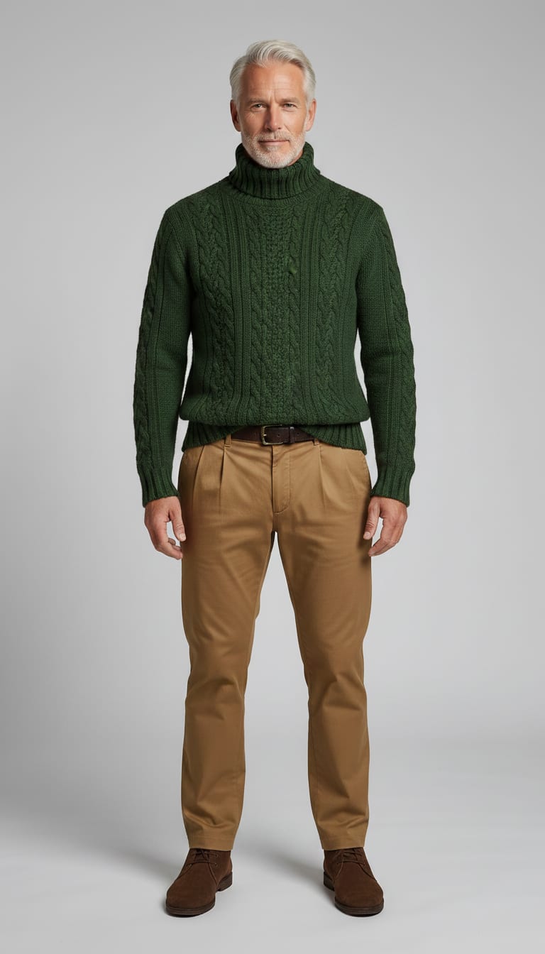 A man wearing a forest green chunky cable-knit Merino wool rollneck sweater, camel cotton-twill pleated trousers, chocolate brown suede chukka boots and dark brown leather belt — a men's old money outfit.