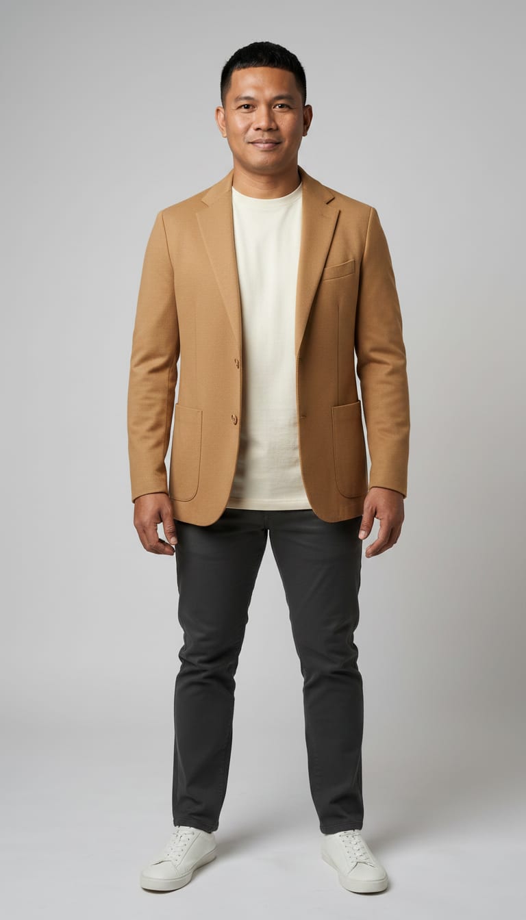 A man wearing a cream long-sleeve crew neck t-shirt in heavy cotton jersey, camel unlined unstructured blazer in a soft wool blend, dark grey premium cotton twill pants and white leather minimalist low-top sneakers — a men's quiet luxury outfit.