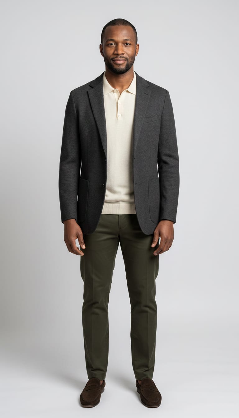 A man wearing a charcoal heathered wool blend relaxed-fit blazer, cream fine Merino wool knit polo shirt, dark olive cotton blend tailored relaxed-fit trousers and dark brown suede loafers — a men's quiet luxury outfit.