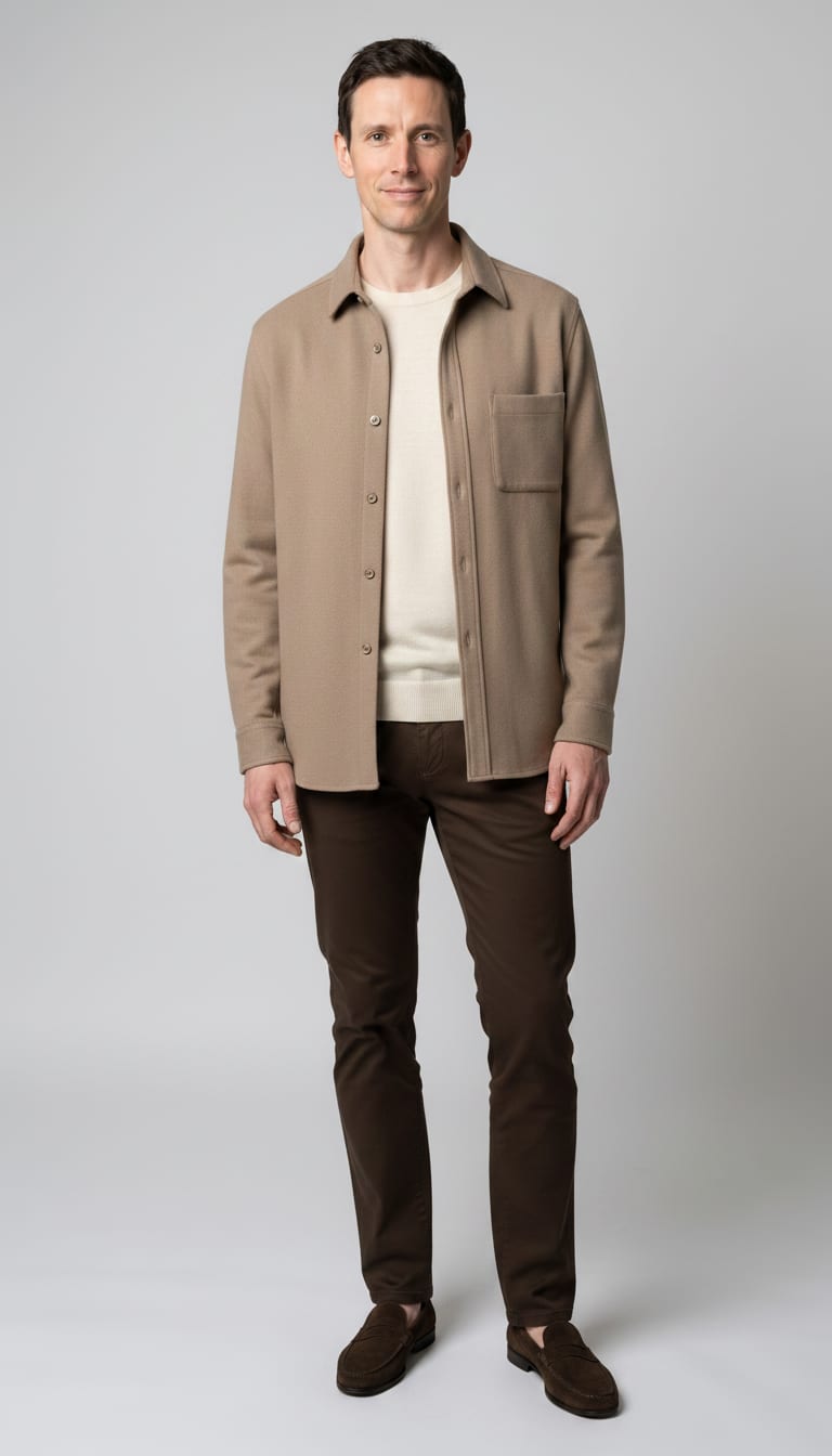 A man wearing a cream silk-blend fine-gauge crew-neck sweater, taupe wool-cashmere blend overshirt, dark brown tailored trousers in a fine cotton twill and dark brown suede loafers — a men's quiet luxury outfit.