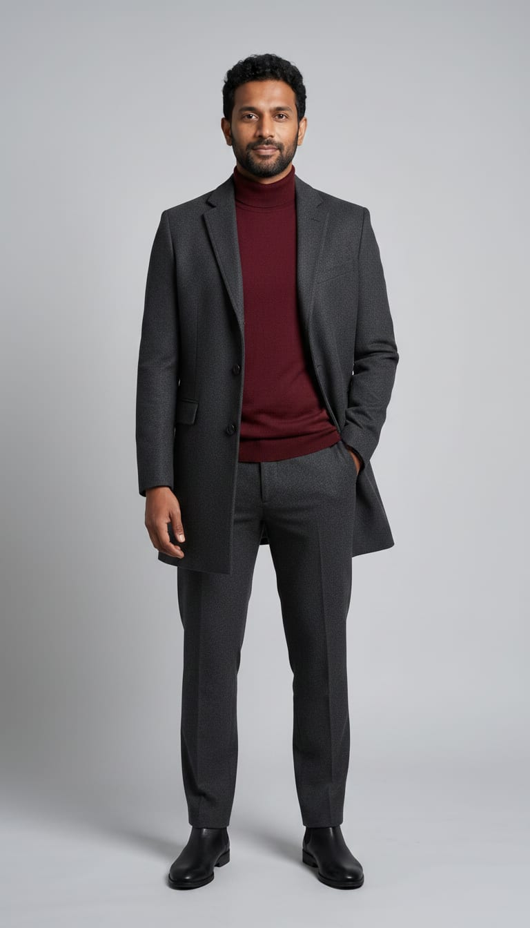 A man wearing a fine gauge merino wool roll-neck sweater in a rich burgundy, single-breasted wool-cashmere blend overcoat in charcoal gray, full-length straight-leg trousers in a charcoal gray flannel wool and polished black leather Chelsea boots — a men's quiet luxury outfit.