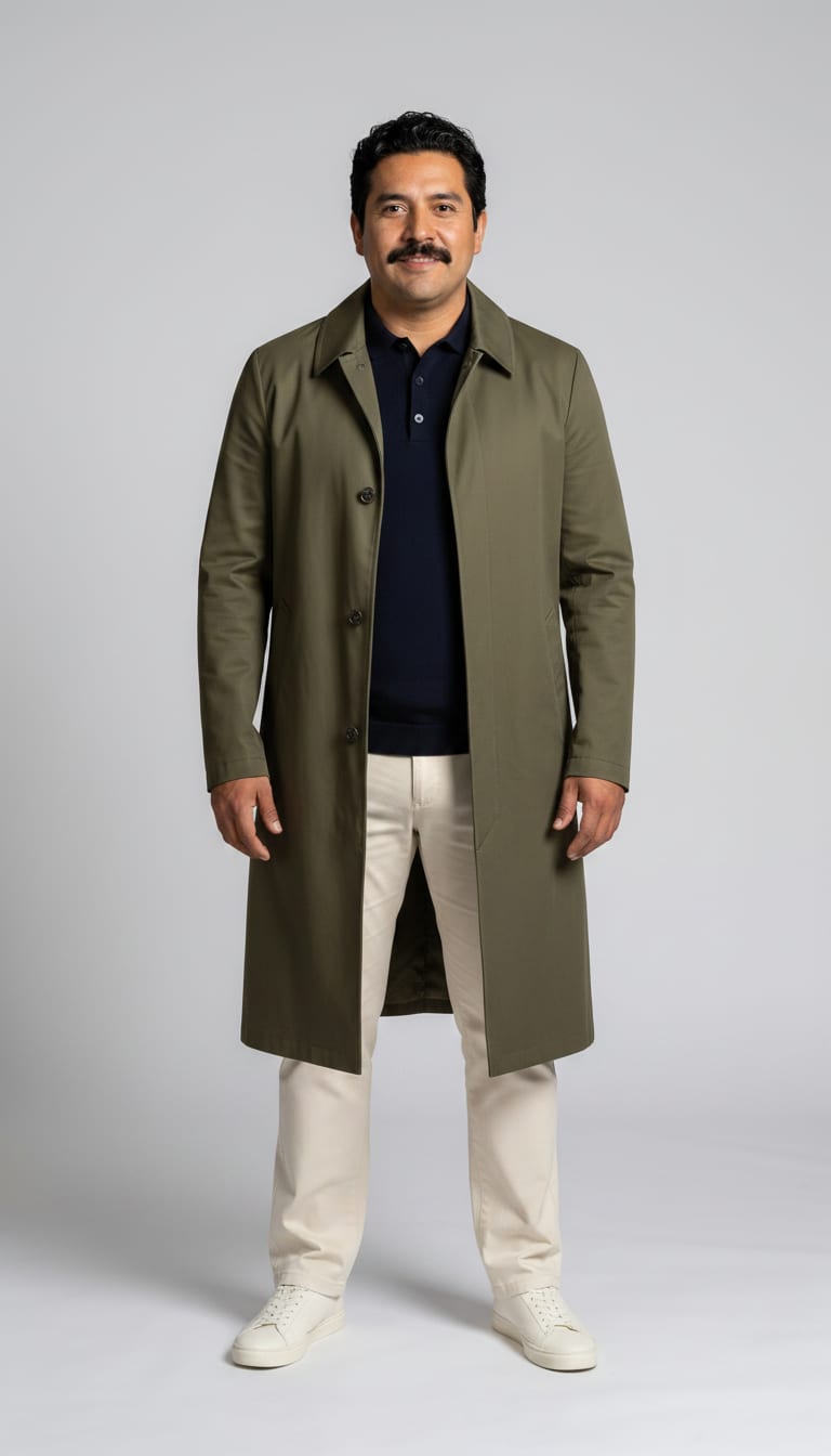 A man wearing a knit polo shirt in deep navy fine Merino wool, longline trench coat in muted olive heavy cotton twill, straight-leg chinos in cream heavyweight cotton and minimalist leather sneakers in off-white — a men's quiet luxury outfit.