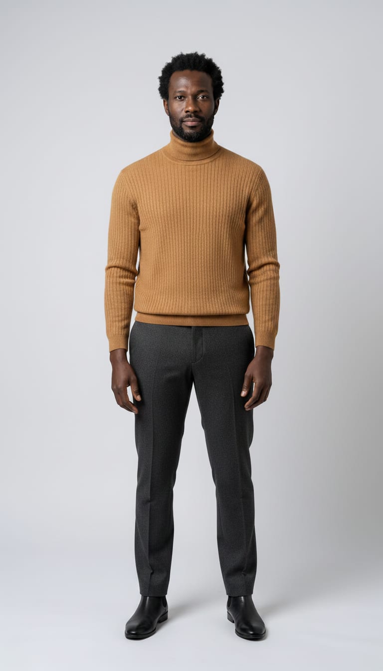 A man wearing a camel cashmere turtleneck sweater, charcoal wool flannel straight fit dress trousers and black leather Chelsea boots — a men's quiet luxury outfit.