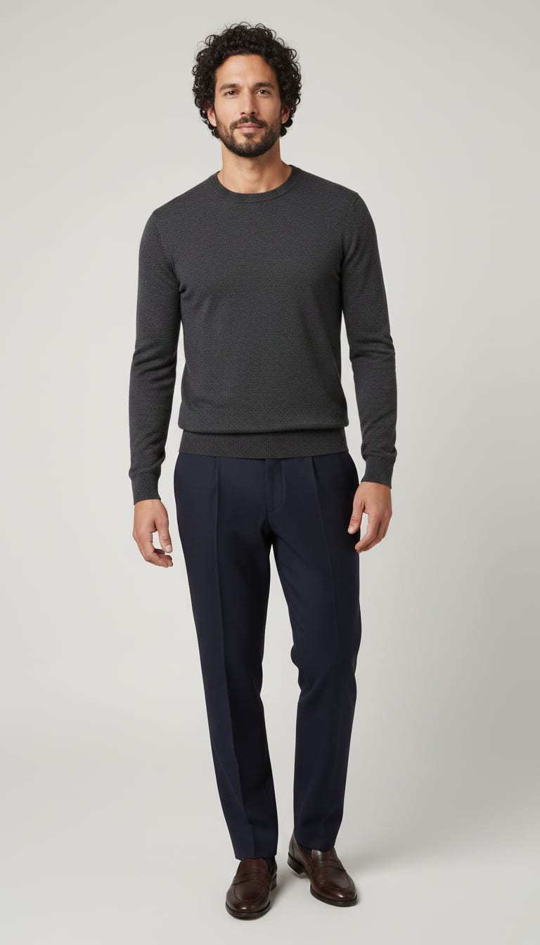 A man wearing a fine gauge merino wool crew neck sweater in charcoal grey, deep navy wool-blend tailored trousers and polished dark brown leather penny loafers — a men's quiet luxury outfit.
