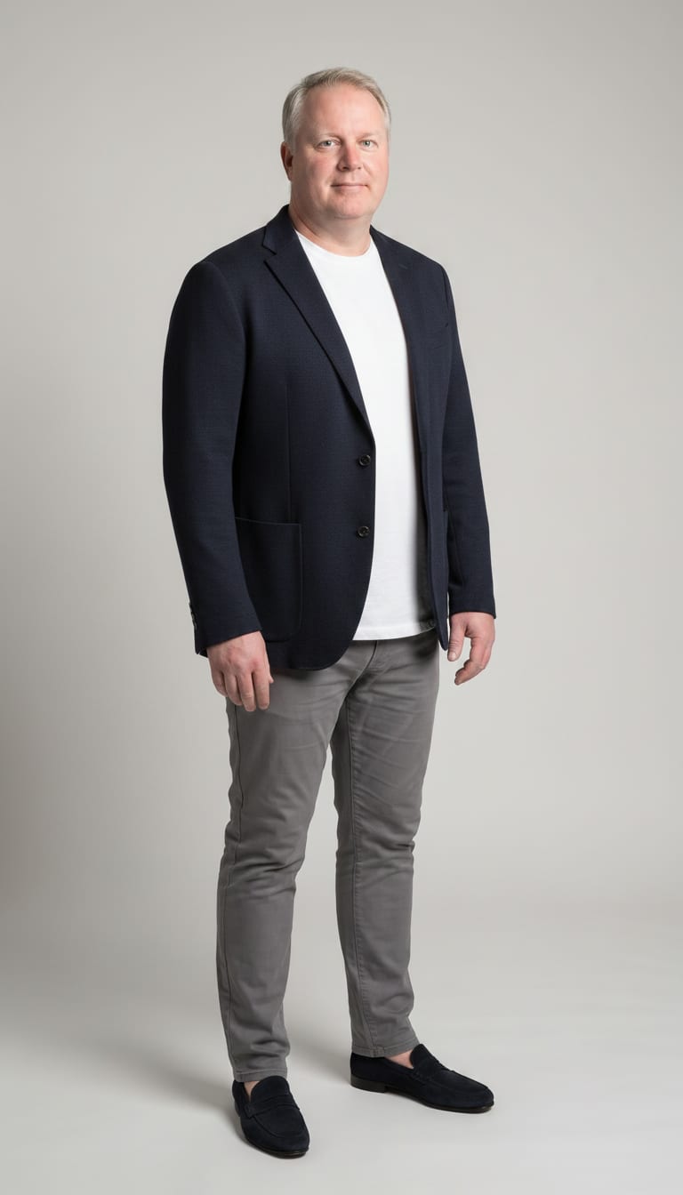 A man wearing a navy deconstructed wool blend blazer, premium white cotton crew neck t-shirt, soft grey cotton blend tailored pants and dark navy suede loafers — a men's quiet luxury outfit.