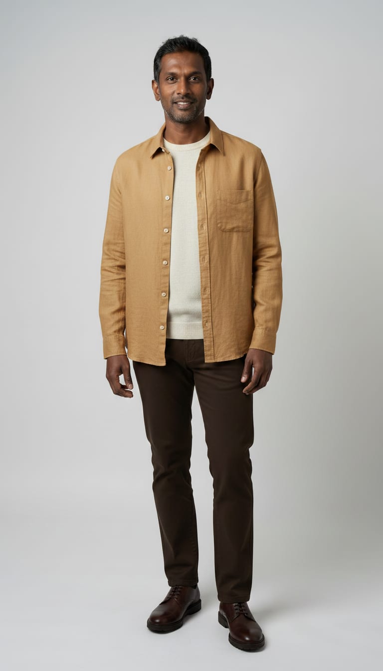 A man wearing a lightweight fine gauge cashmere crew neck sweater in cream, relaxed fit overshirt in a camel linen-cotton blend, straight-leg trousers in a dark brown wool blend and dark brown polished leather derby shoes — a men's quiet luxury outfit.