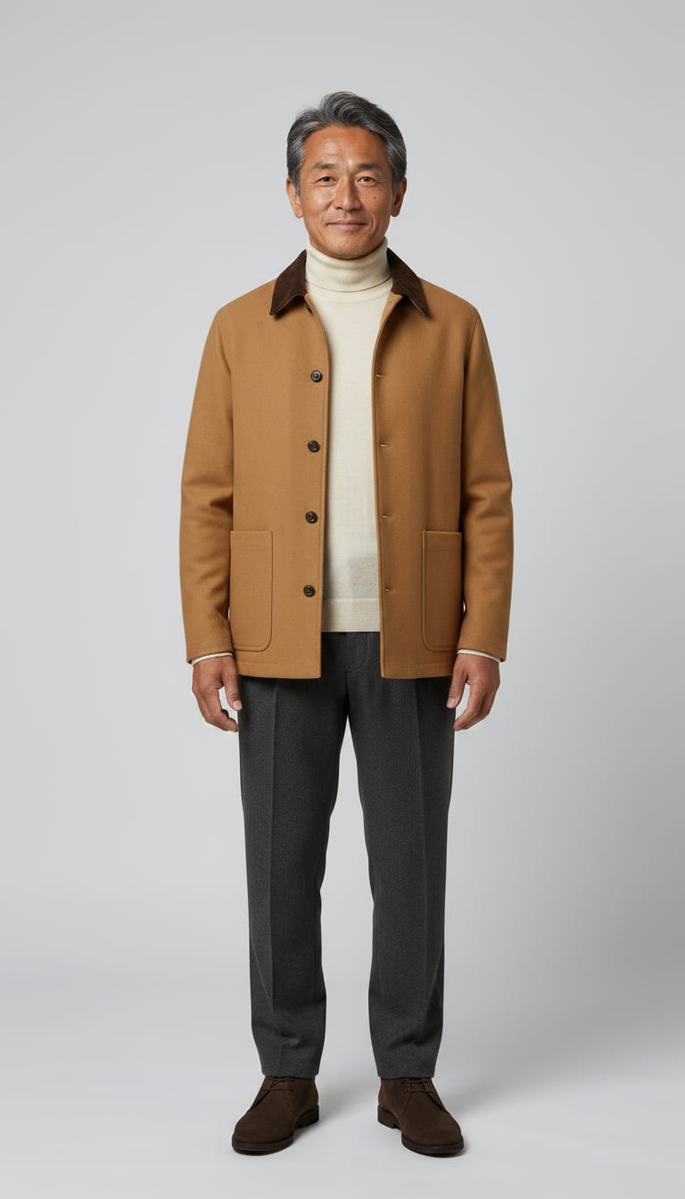 A man wearing a cream fine-gauge merino wool turtleneck sweater, charcoal relaxed-fit wool blend pleated trousers, camel unlined wool blend barn jacket and dark brown suede chukka boots — a men's quiet luxury outfit.