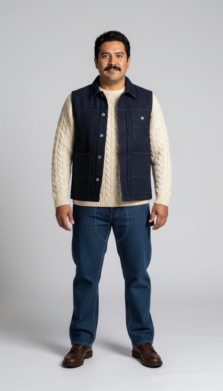 A man wearing a cream heavy gauge cable knit crew neck sweater, navy denim chore vest, indigo heavy cotton carpenter pants and dark brown leather service boots — a men's rugged workwear outfit.