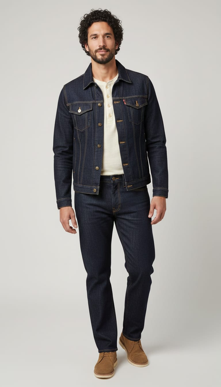 A man wearing an indigo raw selvedge denim jacket in a classic trucker style, ecru heavy cotton Henley shirt, dark wash straight-leg heavy denim jeans and tan suede chukka boots — a men's rugged workwear outfit.