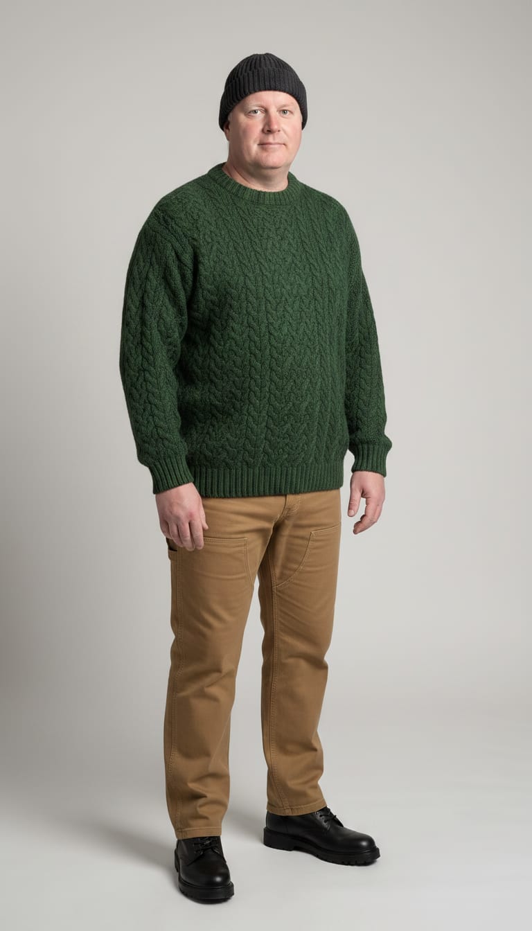 A man wearing a heavy gauge cable-knit crewneck sweater in forest green wool blend, relaxed-fit heavy duty canvas work pants in tan, black leather chunky sole service boots and dark charcoal ribbed knit beanie in a simple — a men's rugged workwear outfit.