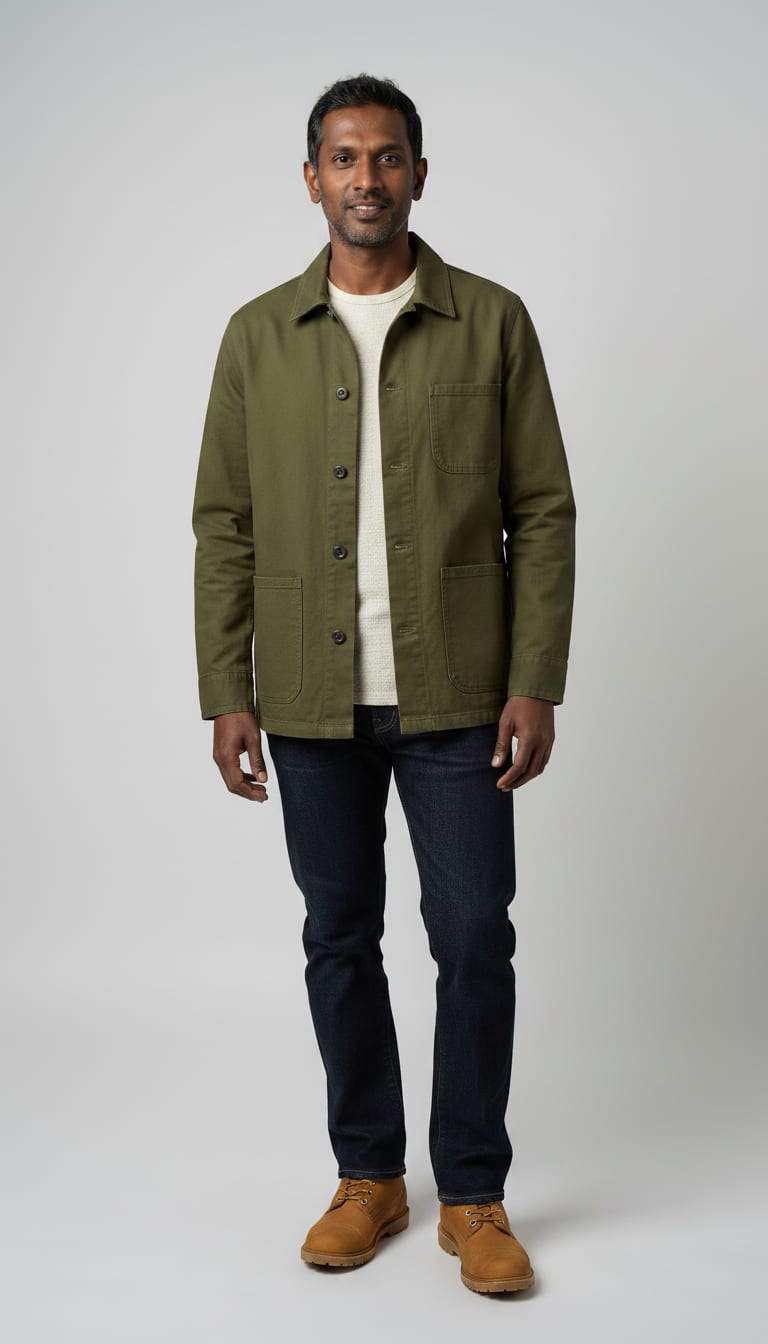 A man wearing an olive green canvas chore coat, cream textured slub knit crewneck t-shirt, dark indigo heavy denim straight-leg jeans and tan leather cap-toe work boots — a men's rugged workwear outfit.