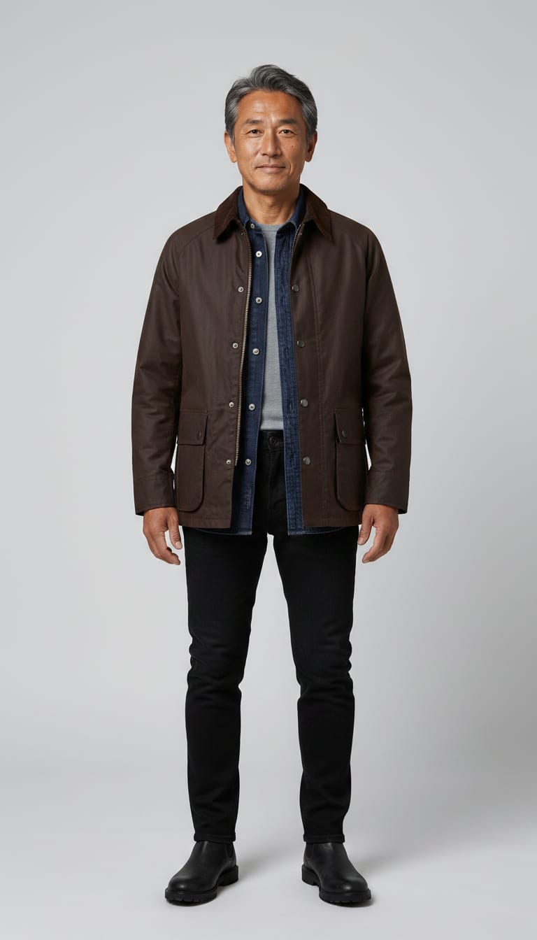 A man wearing a classic fit waxed cotton jacket in a deep chocolate brown, heavyweight denim shirt in deep indigo, crew neck t-shirt in a soft charcoal gray cotton jersey and slim-straight fit jeans in a dark wash black denim — a men's rugged workwear outfit.