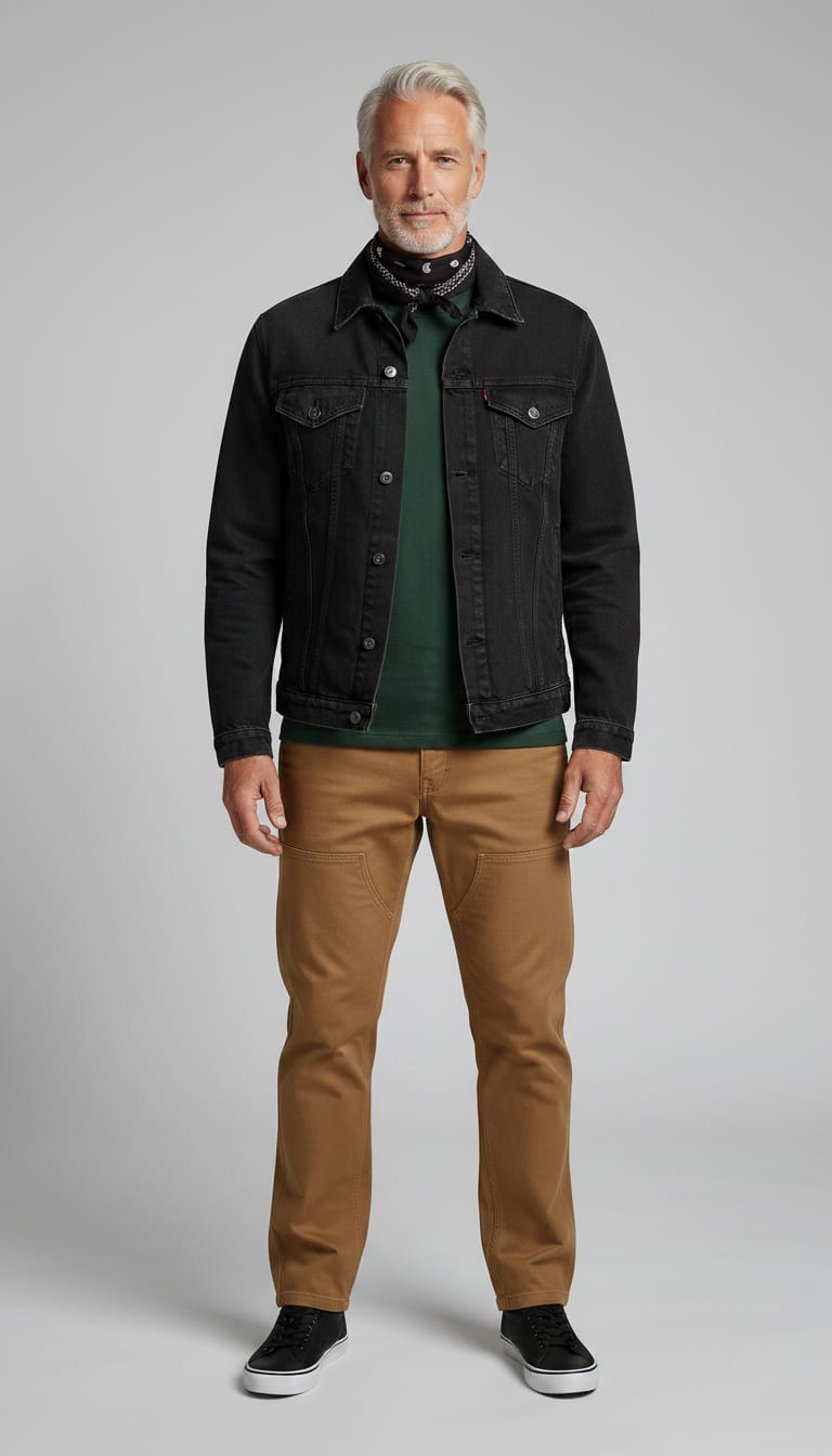 A man wearing a deep forest green heavyweight cotton t-shirt, tan duck canvas double-knee carpenter pants, washed black denim trucker jacket and black leather high-top sneakers — a men's rugged workwear outfit.