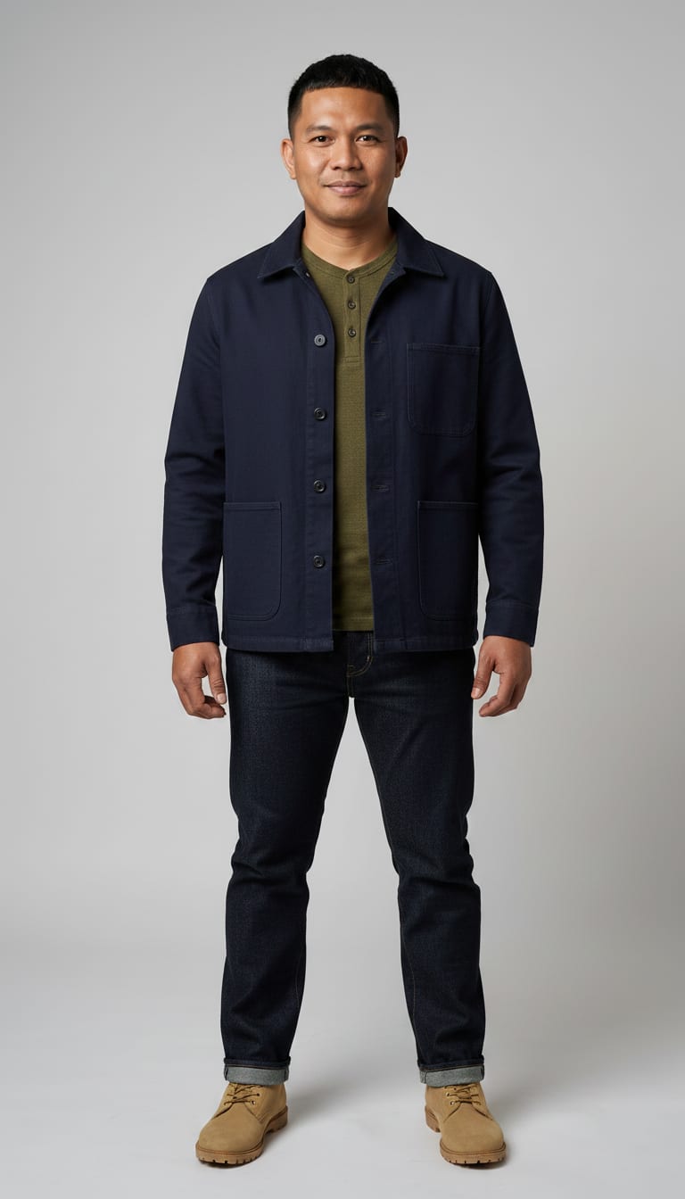 A man wearing a heavy canvas chore coat in deep indigo, long-sleeve Henley shirt in fine-gauge olive knit, straight-leg jeans in dark wash heavy selvedge denim and suede work boots in a rich ecru color — a men's rugged workwear outfit.