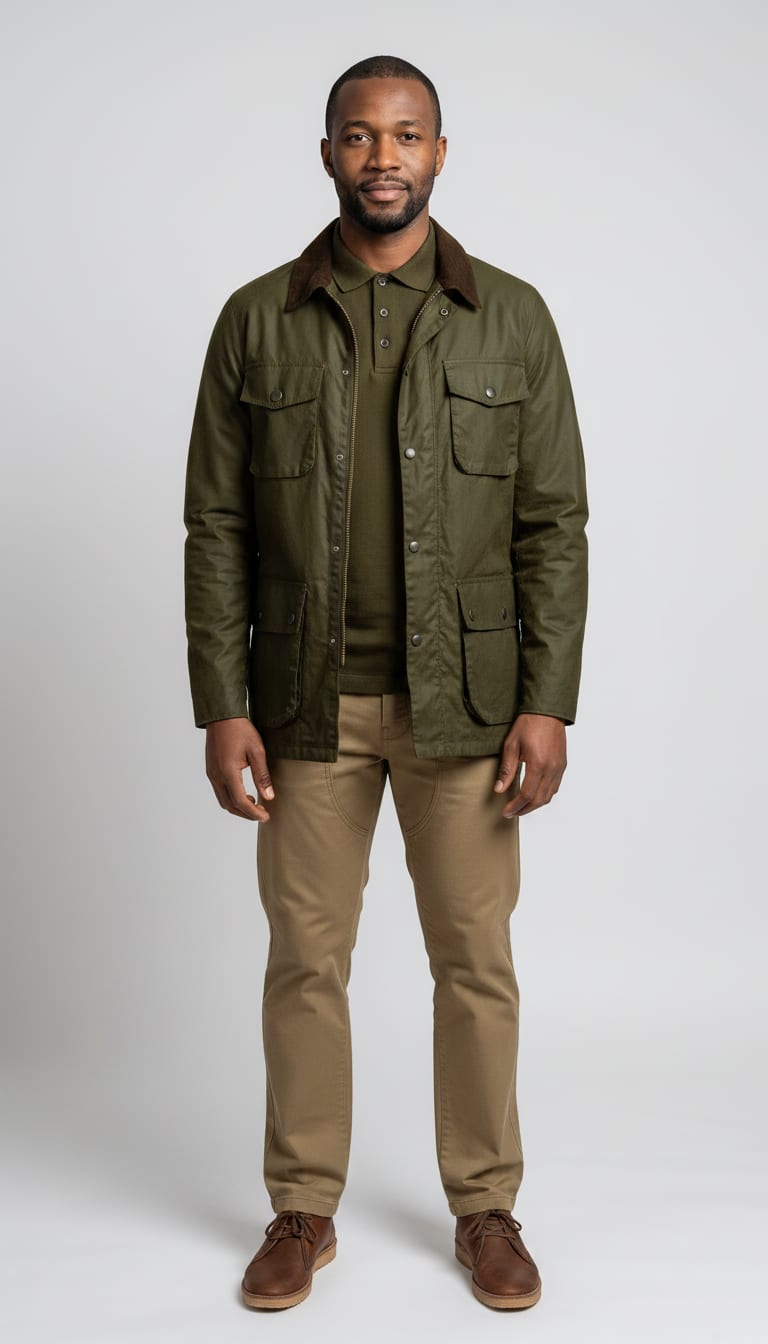 A man wearing a deep khaki heavy cotton knit polo shirt, olive green waxed cotton field jacket, khaki cotton twill work trousers and brown leather desert boots — a men's rugged workwear outfit.