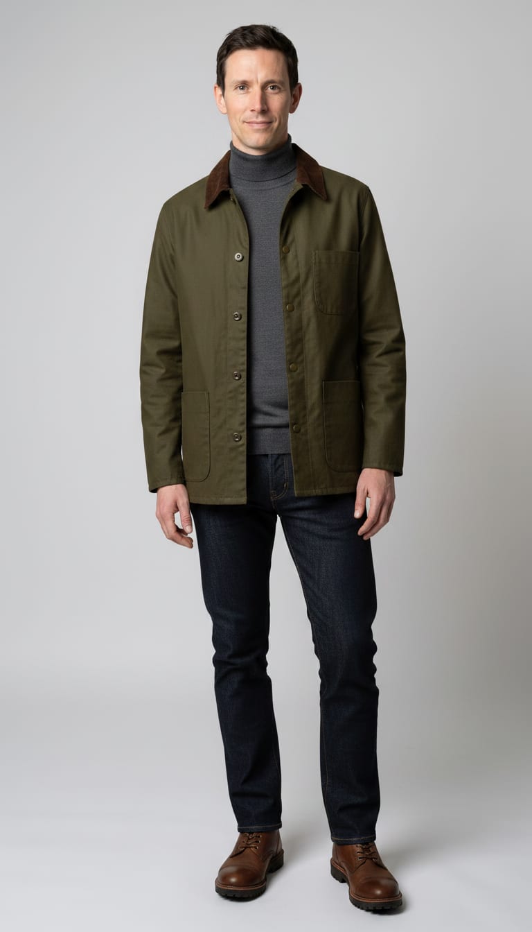 A man wearing a fine gauge merino wool turtleneck sweater, waxed canvas chore coat in olive green, dark wash straight-leg selvedge denim jeans and brown leather cap-toe service boots — a men's rugged workwear outfit.