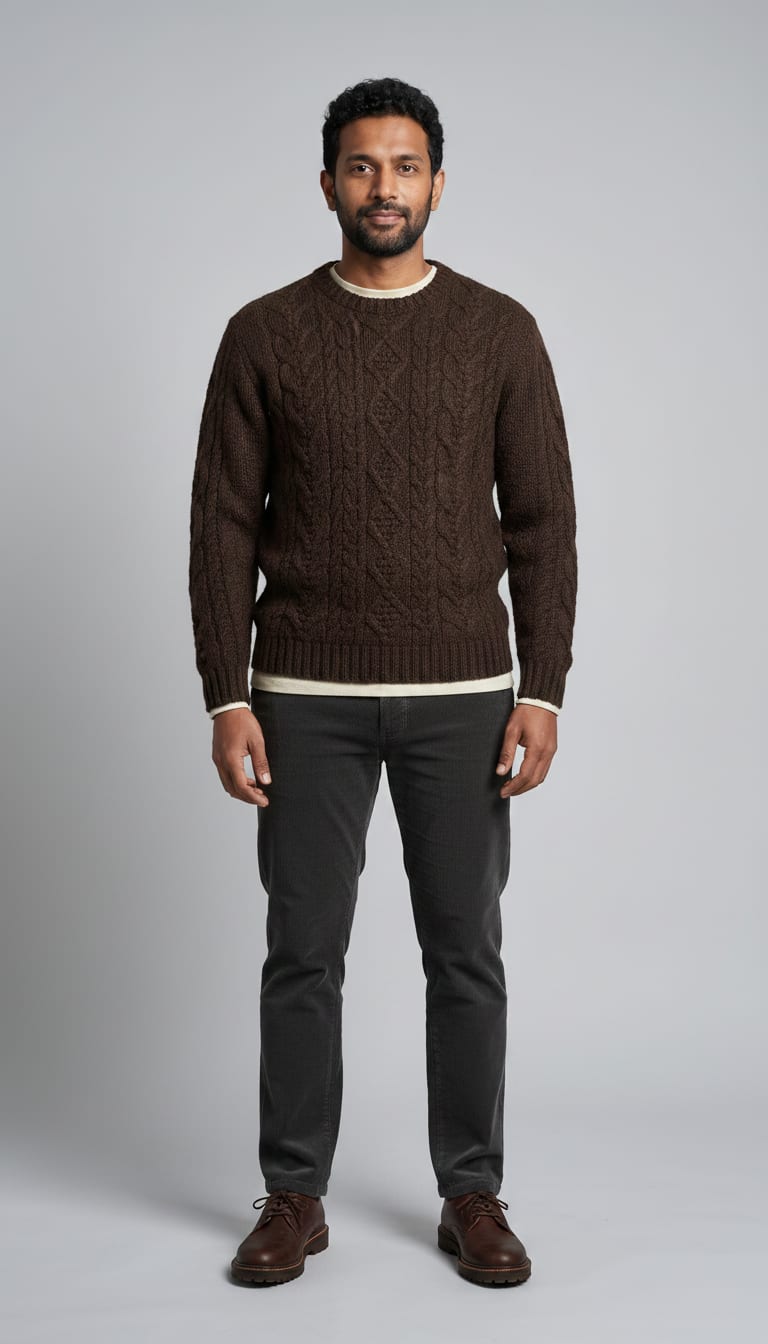 A man wearing a charcoal heavy corduroy straight-leg trousers, ecru heavy cotton long-sleeve crewneck tee, dark brown lambswool fisherman's cable knit crewneck sweater and dark brown leather lug sole derby shoes — a men's rugged workwear outfit.