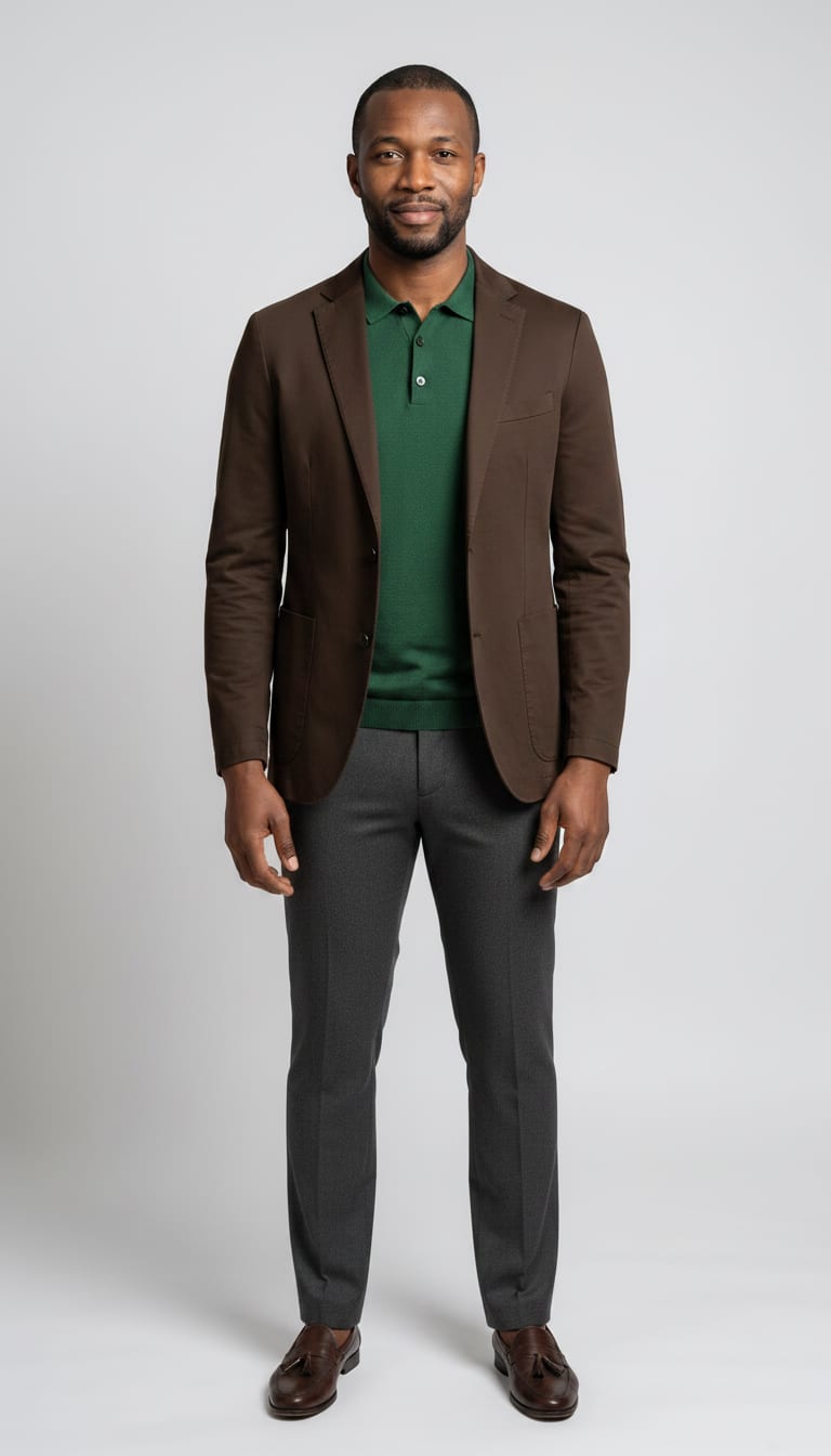 A model wearing a men's smart casual outfit.