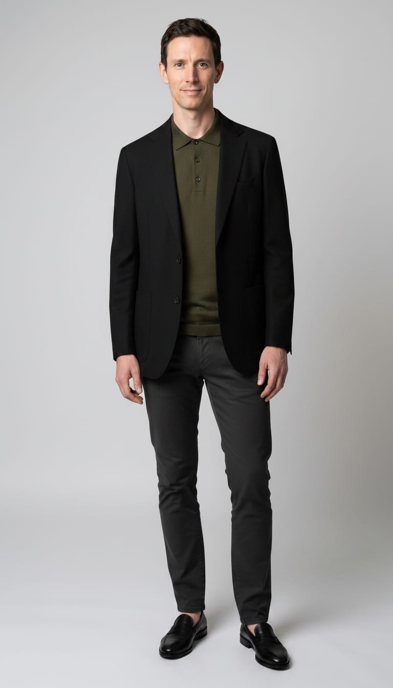 A man wearing a fine merino wool knit polo shirt in a deep olive green, slim-fit wool blend trousers in charcoal gray, unstructured single-breasted blazer in black hopsack and black polished leather penny loafers — a men's smart casual outfit.