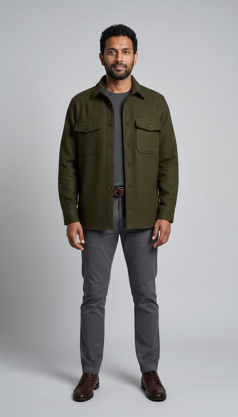 A man wearing a dark olive wool blend overshirt, charcoal grey fine gauge merino wool crew neck sweater, dark grey tailored chino trousers and dark brown leather chukka boots — a men's smart casual outfit.