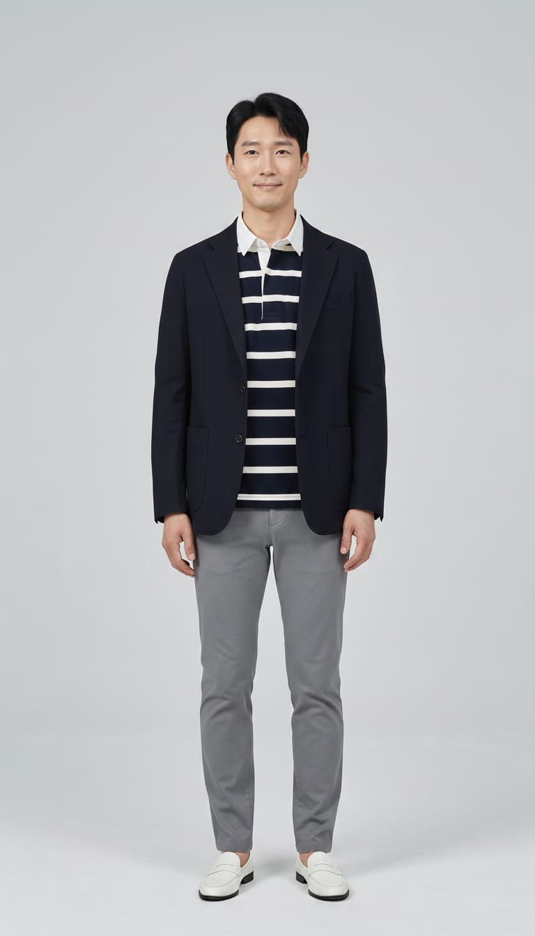 A man wearing a navy and white striped heavy cotton rugby shirt, light grey tailored wool blend trousers, unstructured navy hopsack blazer and white smooth leather penny loafers — a men's smart casual outfit.