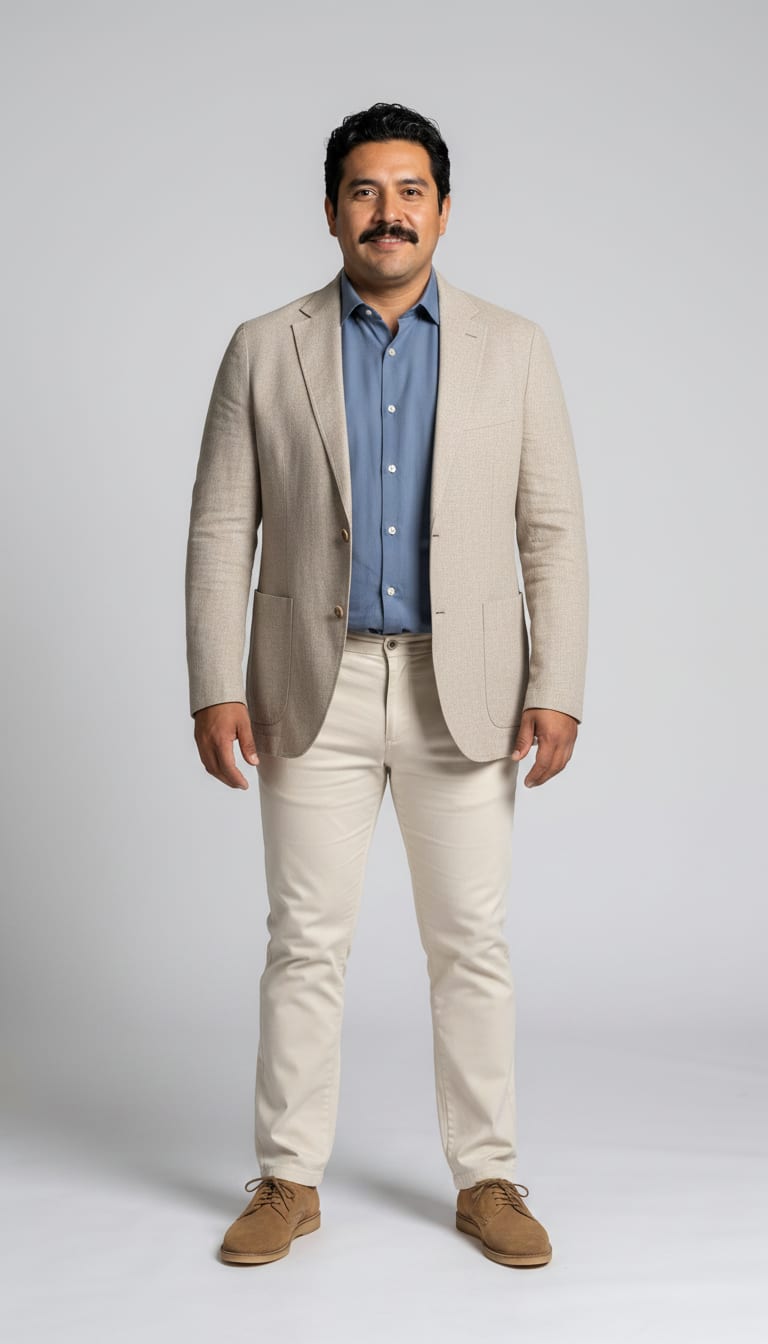 A man wearing a dusty blue cotton poplin button-down shirt, stone beige unstructured linen blend blazer, cream cotton blend chinos and tan suede derby shoes — a men's smart casual outfit.