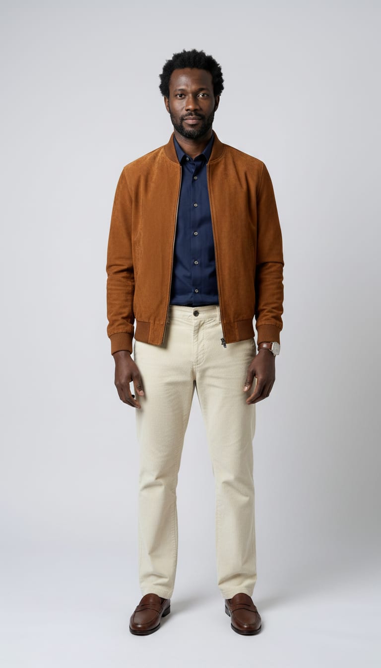 A man wearing a crisp button-down shirt in deep navy blue cotton poplin, relaxed straight-leg trousers in a cream wide-wale corduroy, a luxurious caramel brown suede bomber jacket and classic dark brown leather penny loafers — a men's smart casual outfit.