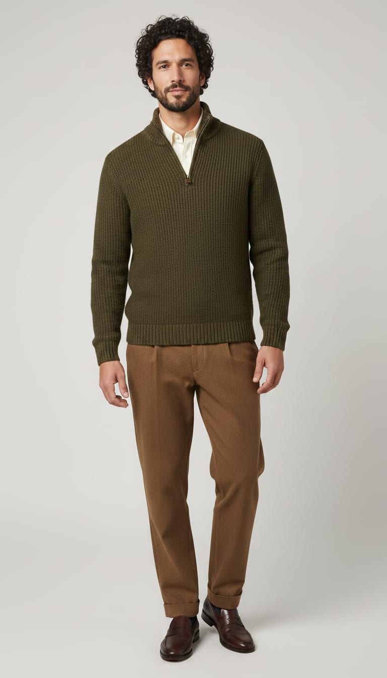A man wearing a classic fit button-down shirt in crisp cream cotton poplin, chunky knit quarter-zip sweater in dark olive green lambswool, single-pleated trousers in a warm brown wool blend and classic penny loafers in dark brown polished leather — a men's smart casual outfit.