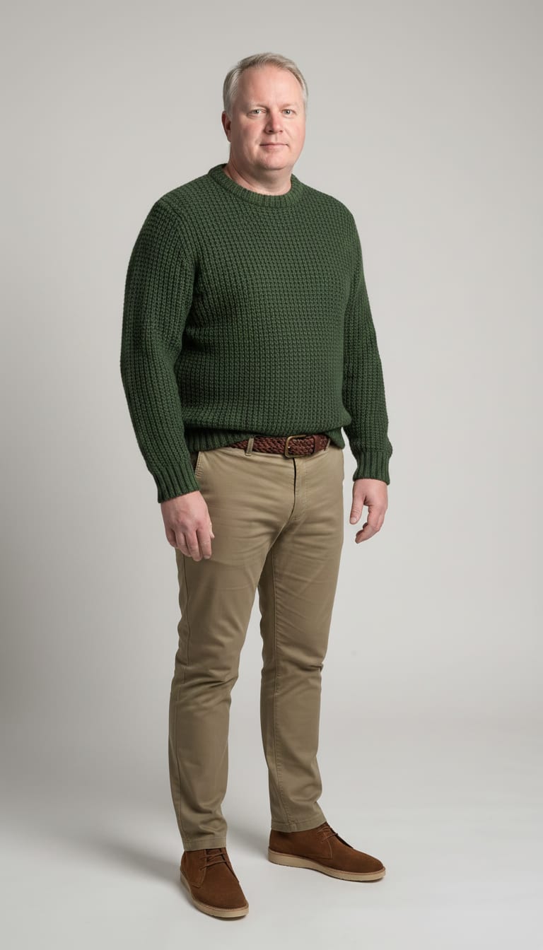 A man wearing a forest green chunky lambswool crew neck sweater, khaki slim-fit cotton blend chinos, rich brown suede desert boots and brown leather braided belt — a men's smart casual outfit.