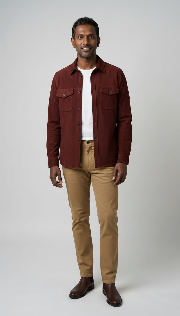 A man wearing a white mercerized cotton crew neck t-shirt, burgundy suede overshirt, tan slim-fit tailored cotton trousers and dark brown leather Chelsea boots — a men's smart casual outfit.