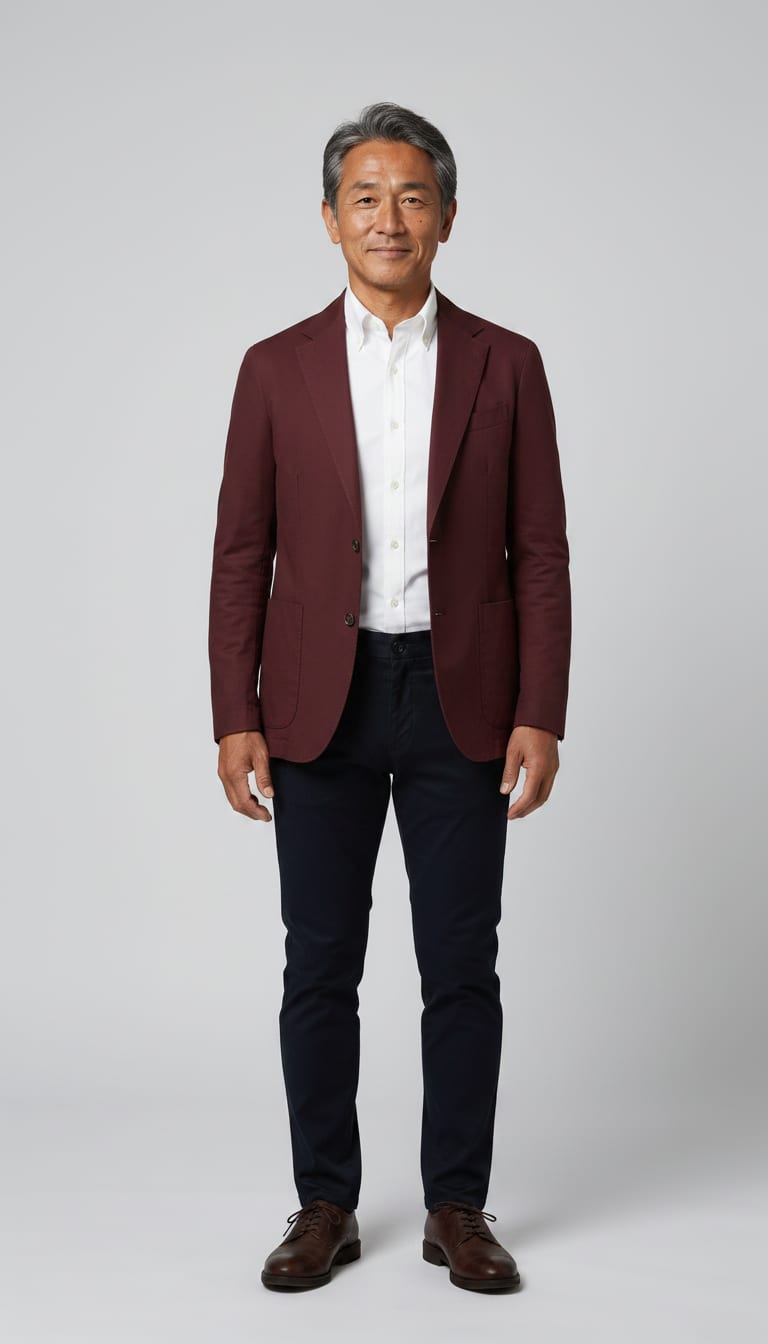 A man wearing a crisp white cotton poplin button-down shirt, dark navy stretch cotton chinos, deep burgundy unstructured cotton twill blazer and dark brown leather Derby shoes — a men's smart casual outfit.