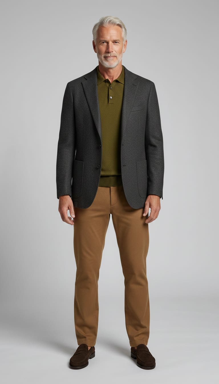 A man wearing a fine gauge knit polo shirt in a rich olive green, unstructured blazer in a charcoal grey tweed, relaxed fit tailored trousers in a camel wool blend and dark brown suede loafers — a men's smart casual outfit.
