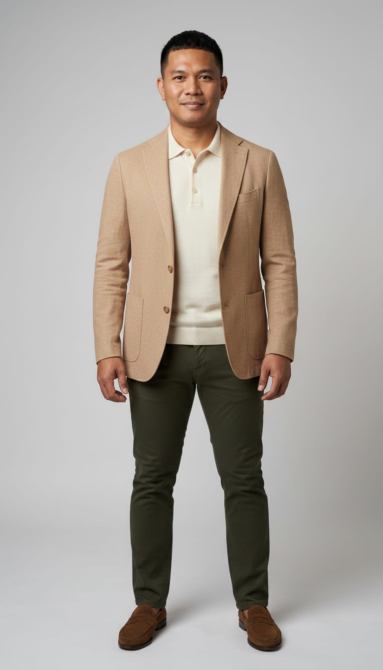 A man wearing an unstructured hopsack linen blend blazer in a desert stone color, fine-gauge knit polo shirt in a creamy off-white, slim-fit cotton stretch chinos in a dark olive green and brown suede penny loafers — a men's smart casual outfit.