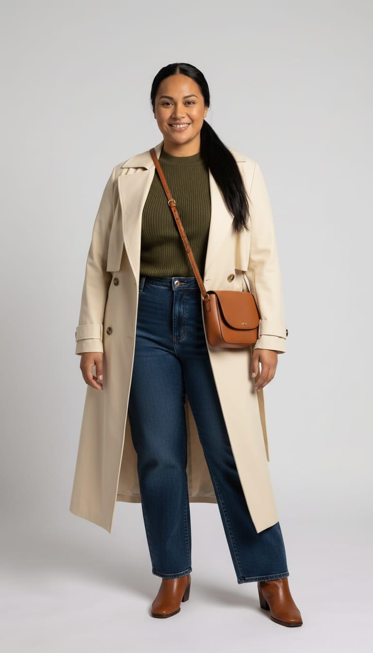 A woman wearing a cropped ribbed knit sweater in deep olive green, high-waisted wide-leg dark wash denim jeans, long trench coat in a classic cream gabardine and leather block heel ankle boots in warm brown — a modern classic outfit.