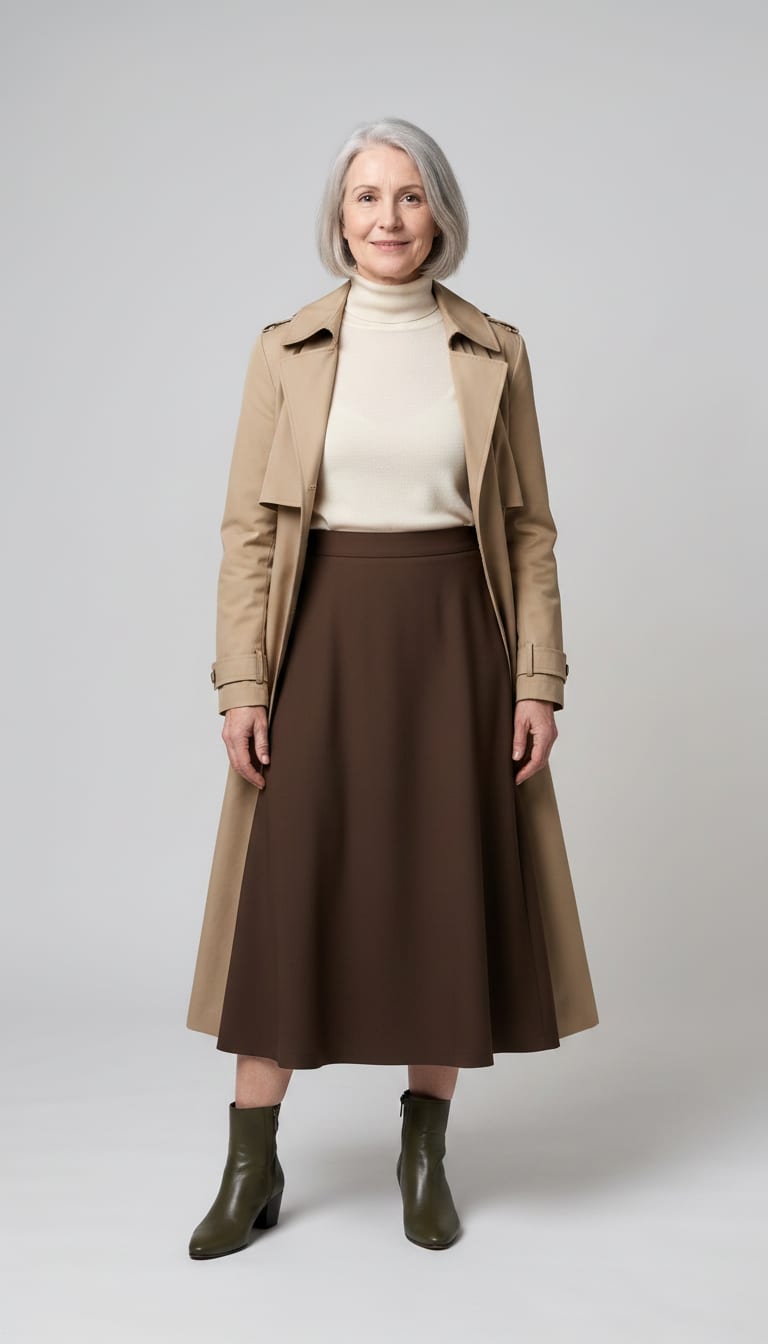A woman wearing a fine-gauge knit turtleneck sweater in a soft cream, high-waisted A-line midi skirt in a chocolate brown ponte fabric, longline trench coat in a muted beige gabardine and polished leather ankle boots in deep olive green — a modern classic outfit.
