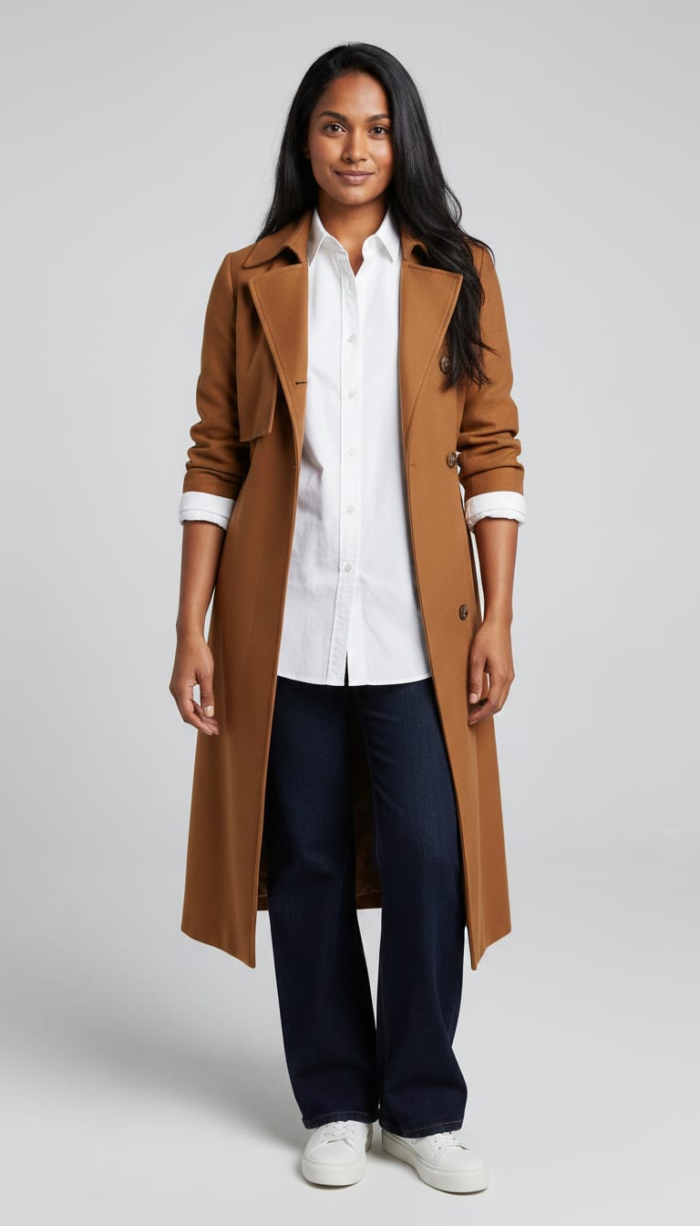 A woman wearing a crisp white oversized poplin button-down shirt, dark wash indigo wide-leg jeans, caramel brown longline wool-blend trench coat and white leather minimalist platform sneakers — a modern classic outfit.