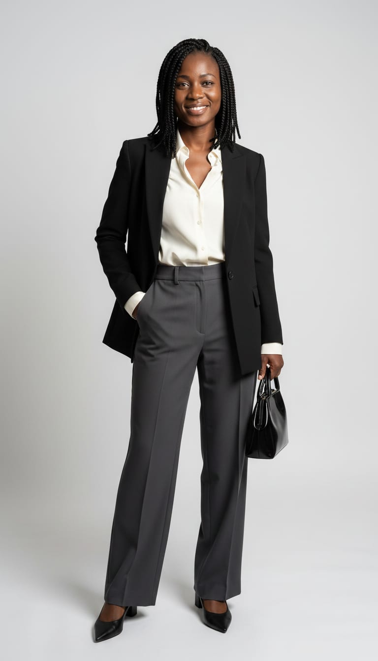 A woman wearing a high-waisted wide-leg tailored trousers in charcoal gray, crisp ivory silk blend button-down shirt, structured single-breasted blazer in black and pointed-toe low block heels in black leather — a modern classic outfit.