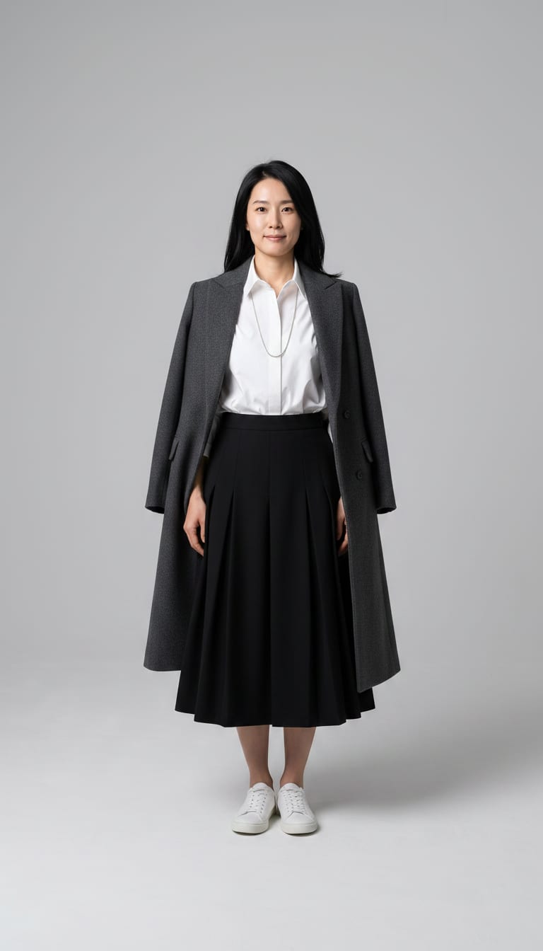 A woman wearing a charcoal grey longline wool blend overcoat, crisp optic white cotton poplin button-down shirt, black wool blend pleated A-line midi skirt and white leather low-top minimalist sneakers — a modern classic outfit.