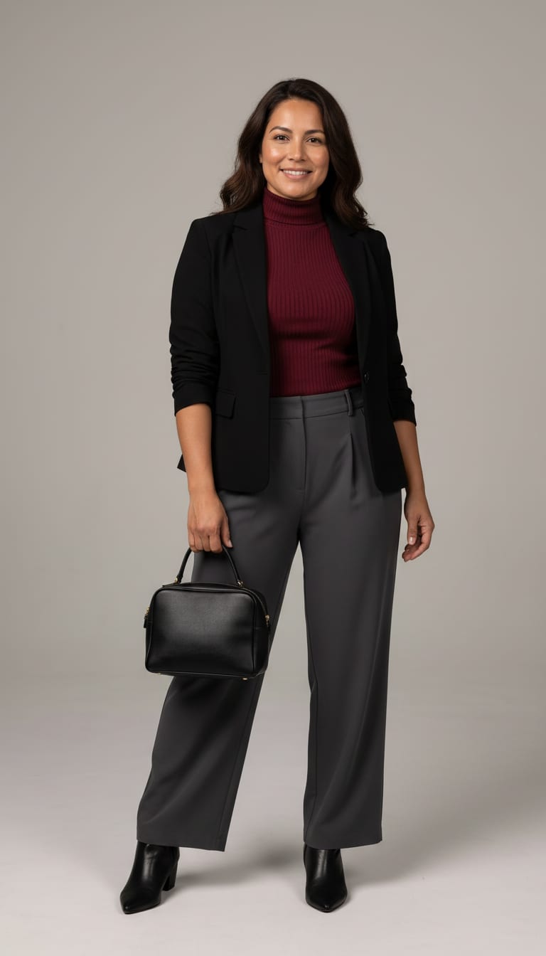 A woman wearing a cropped fine-gauge ribbed knit turtleneck sweater in deep burgundy, high-waisted wide-leg tailored trousers in charcoal gray, structured single-breasted blazer in black crepe and black leather pointed-toe ankle boots — a modern classic outfit.