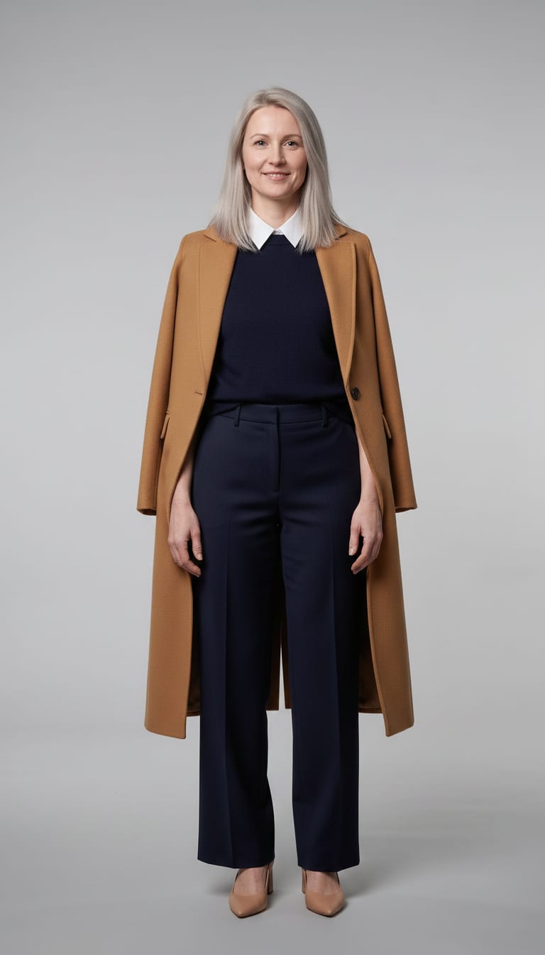 A woman wearing a classic crisp white cotton poplin button-down shirt, fine-gauge knit crew-neck sweater in deep navy, high-waisted wide-leg tailored trousers in a refined navy wool blend and long — a modern classic outfit.