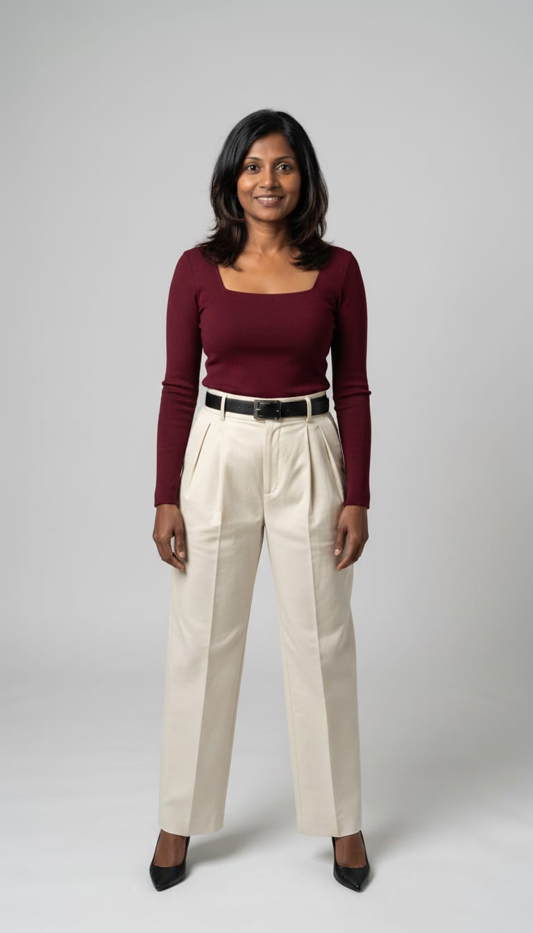 A woman wearing a cream pleated wide-leg trousers, deep burgundy fitted long-sleeve knit top and black leather pointed-toe pumps — a modern classic outfit.