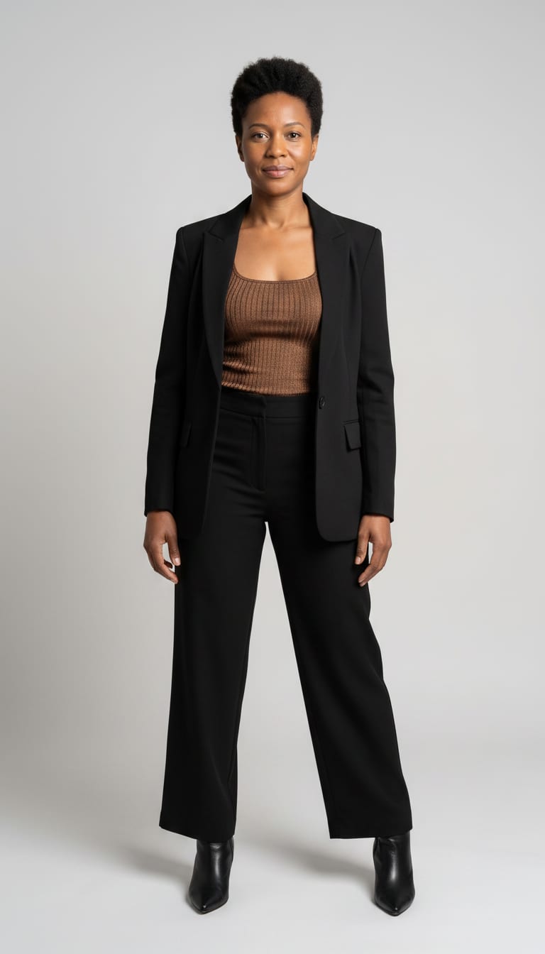 A woman wearing a high-waisted black crepe wide-leg trousers, metallic bronze ribbed knit fitted tank top, black leather pointed-toe heeled ankle boots and structured black single-breasted blazer — a modern classic outfit.