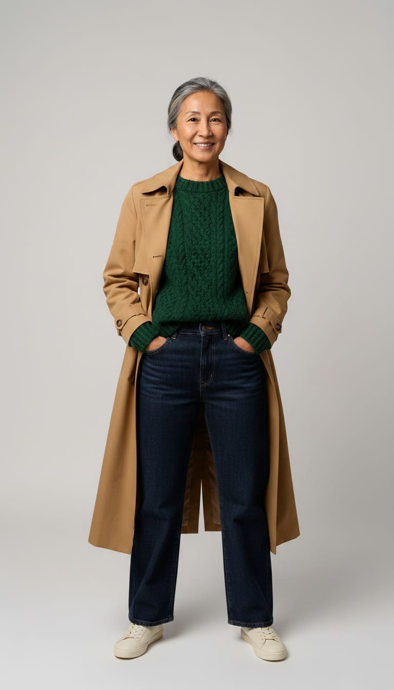 A woman wearing a forest green chunky cable-knit crewneck sweater, dark wash wide-leg denim jeans, classic camel long trench coat and cream leather minimalist sneakers — a old money outfit.