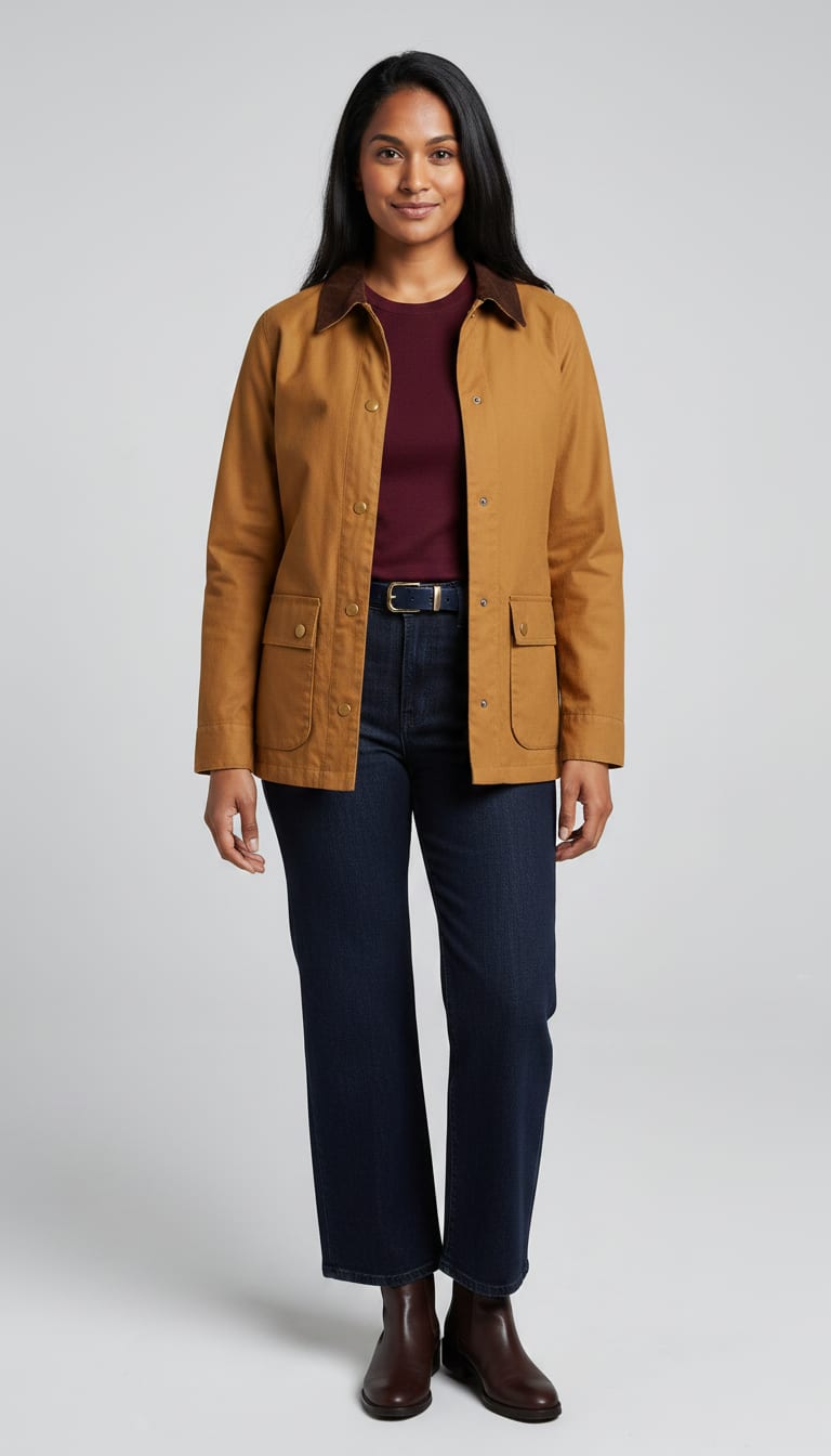 A woman wearing a dark wash high-waisted wide-leg denim jeans, deep burgundy fitted merino wool crew-neck knit top, camel waxed cotton barn jacket and dark brown polished leather Chelsea boots — a old money outfit.