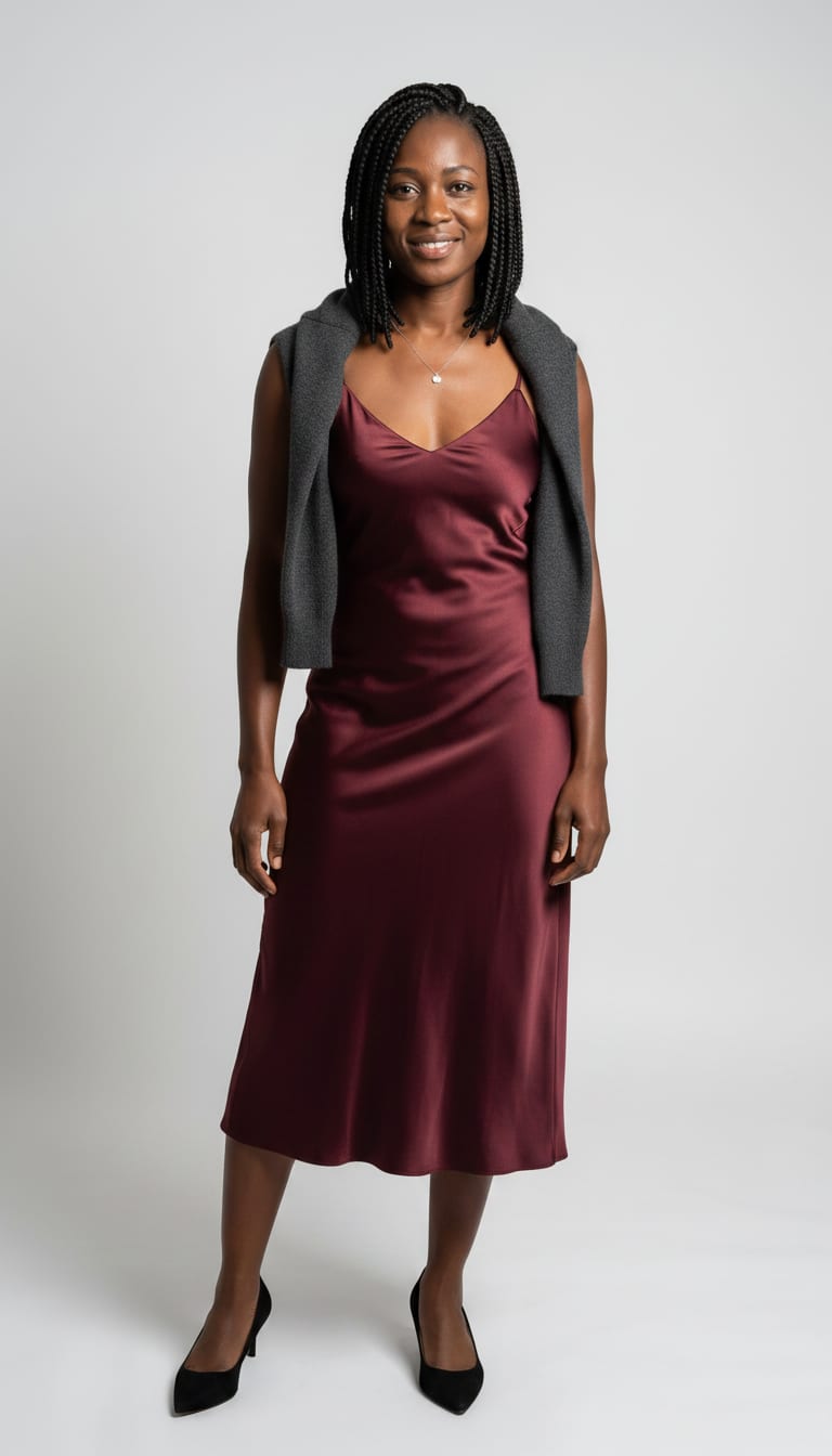 A woman wearing a deep burgundy satin slip midi dress, charcoal gray fine-gauge merino wool crew-neck sweater, black suede pointed-toe pumps and delicate sterling silver pendant necklace — a old money outfit.